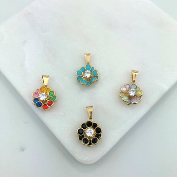 18K Gold Layered Oro Laminado Multicolor Rhinestones Flower Shape Pendant 31.0023/2/17/29/30
